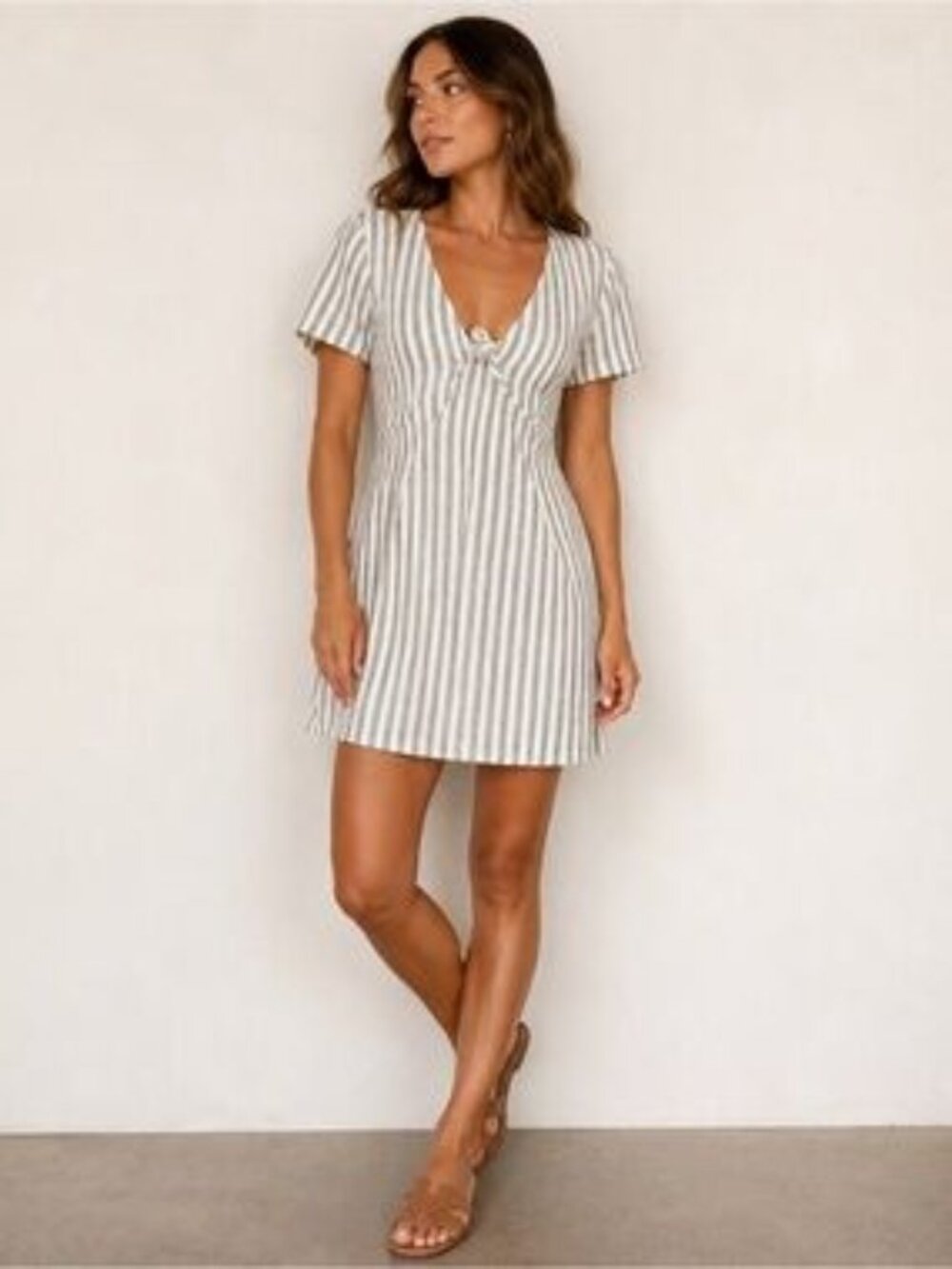 Zara Grey and White Striped V Neck Dress
